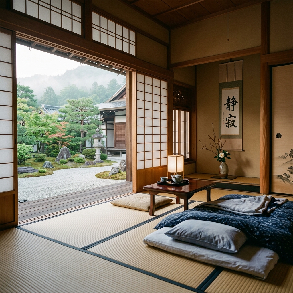 Tatami guest room in the shukubo opening onto a zen garden