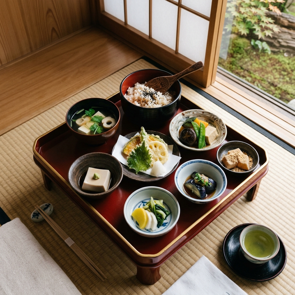 Shojin ryori vegetarian temple cuisine served on lacquer trays